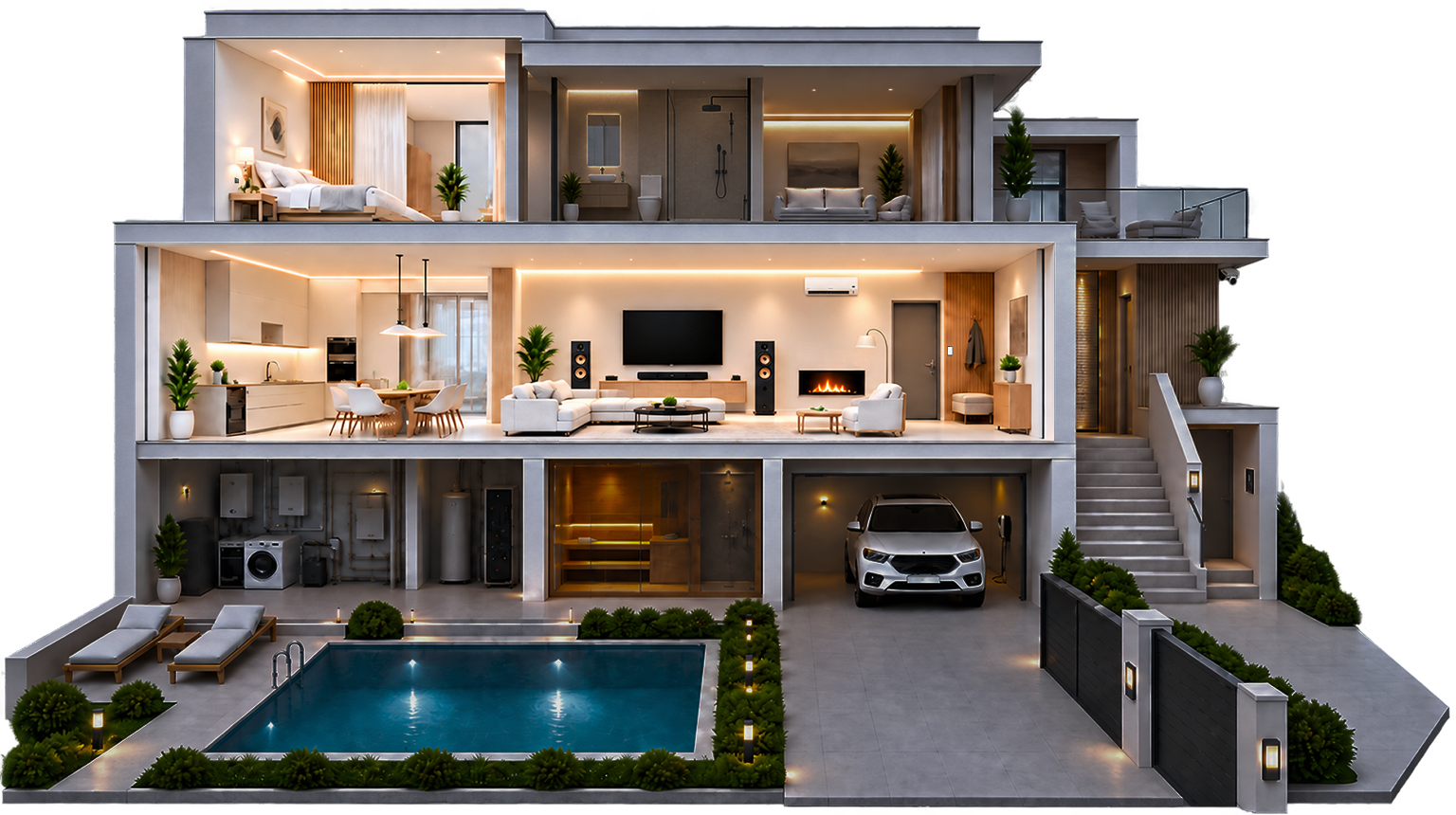 Cutaway view of a smart home with highlighted systems